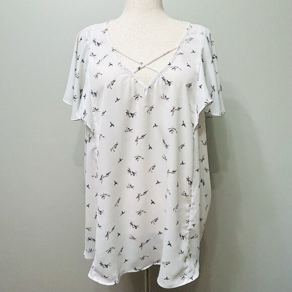 Torrid Top Women's 3 3X White Cottagecore Boho Beachy Birds Criss Cross Flutter - Picture 1 of 14